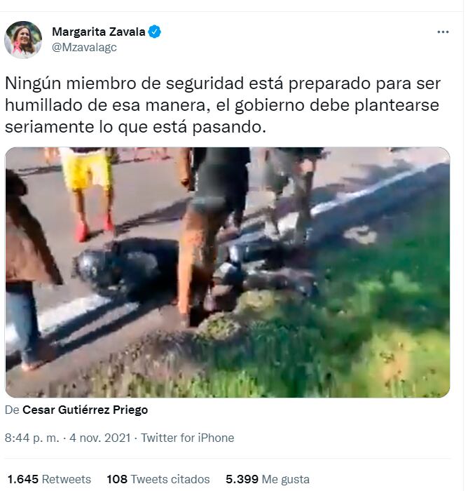 Tuit de Margarita Zavala, refiriéndose a la agresión a un elemento de la Guardia Nacional a migrantes