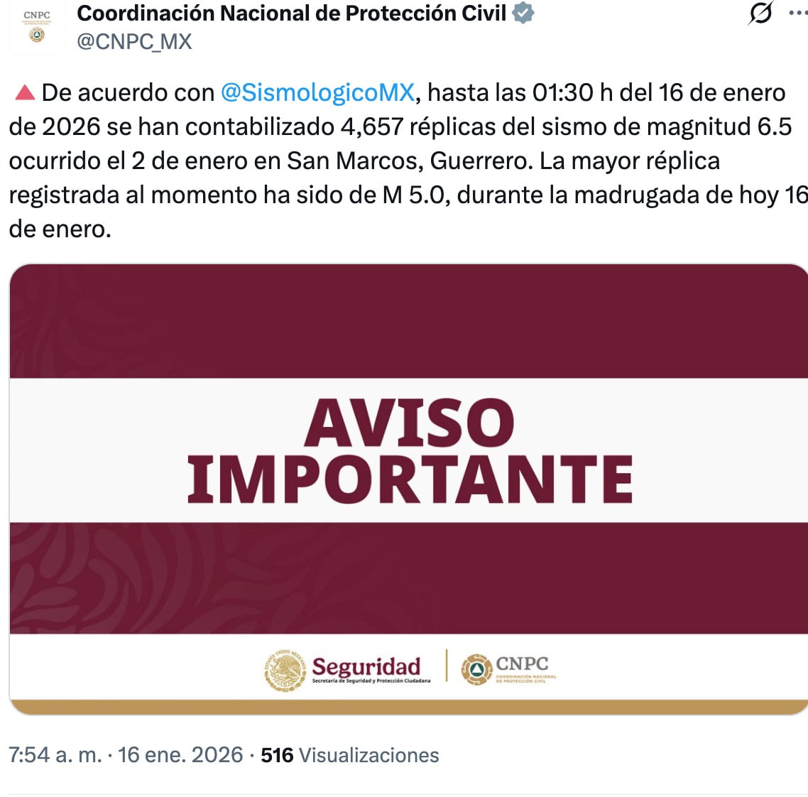 Se reportan casi 5 mil réplicas del sismo del pasado 2 de enero, siendo la más fuerte la de este 16 de enero