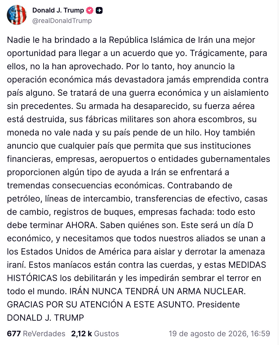 Donald Trump intensifica presión contra Irán con guerra económica