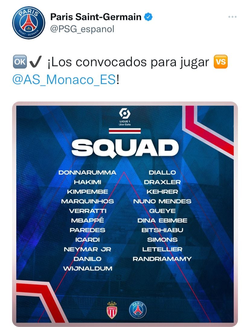 Lista de convocados del PSG para enfrentar al As Mónaco.