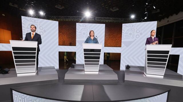 Las candidatas presidenciales Claudia Sheinbaum y Xóchitl Gálvez y el candidato Jorge Álvarez Máynez, en el tercer debate por la presidencia de la república