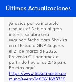 Shakira anuncia nueva fecha de concierto en CDMX.