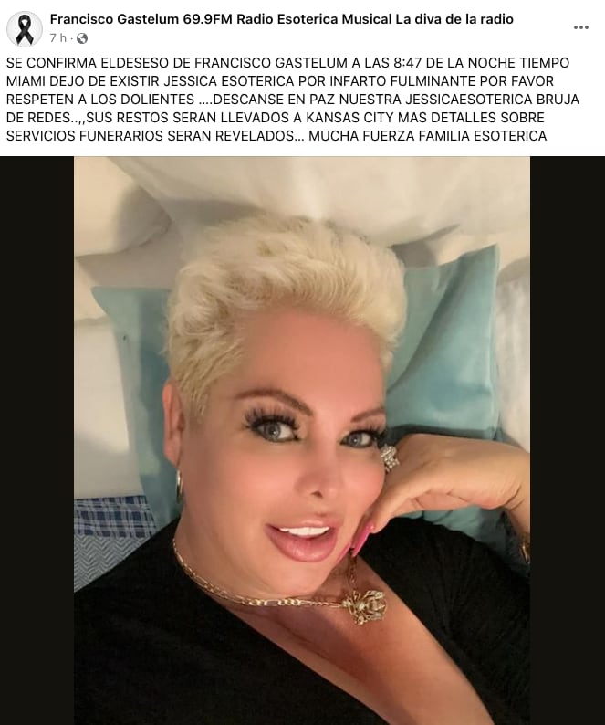 Comunicado de la muerte de Jessica Esotérica.