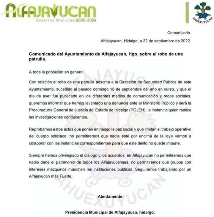 Comunicado del municipio de Alfajayucan