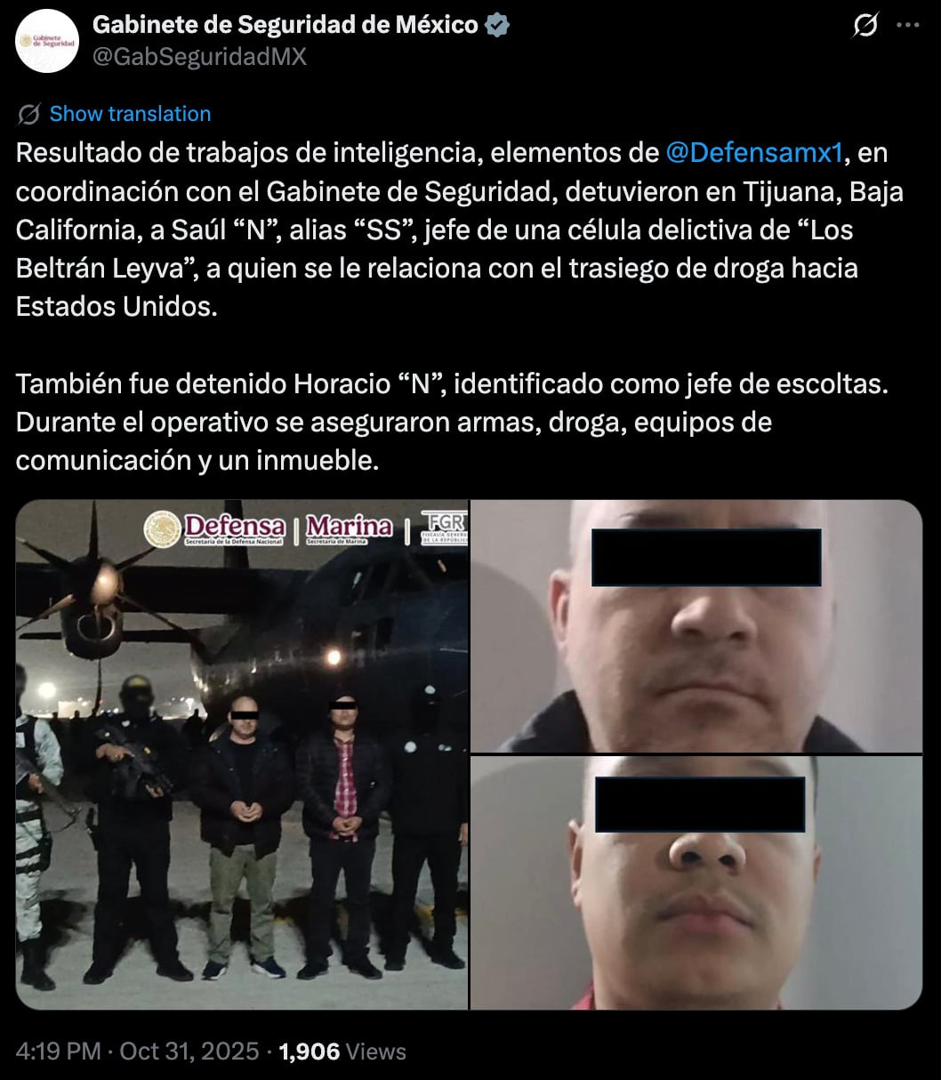 Detienen a dos miembros del Cártel de los Beltrán Leyva.