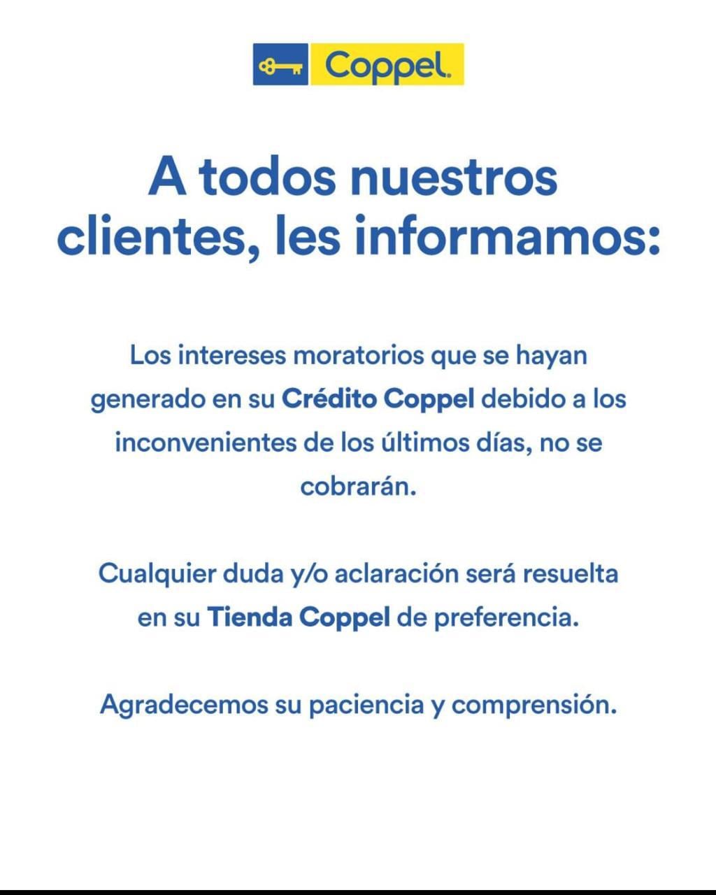 Coppel no cobrará intereses moratorios por fallas en sus sistema