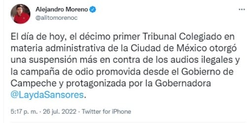 Alejandro Moreno presume otro amparo contra audios que exhibe Layda Sansores en el Martes del Jaguar