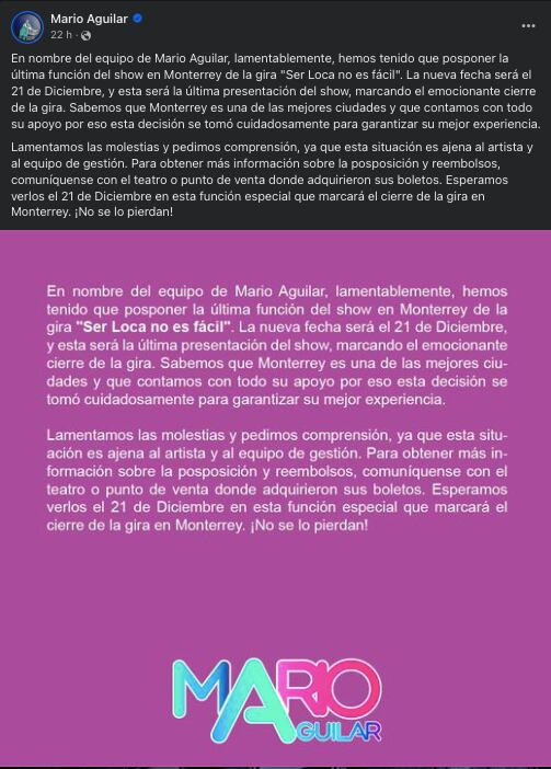 Mario Aguilar pospone presentación en Monterrey