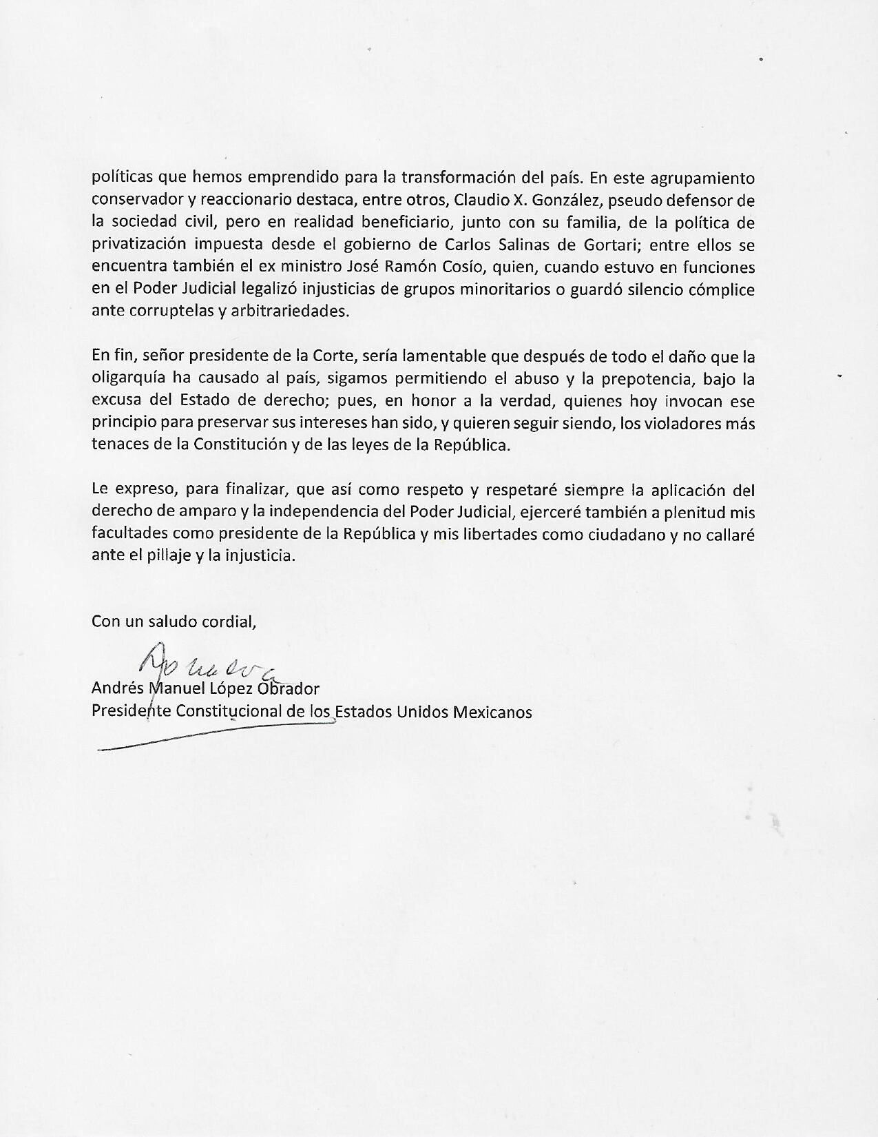 Carta de AMLO a Arturo Zaldívar