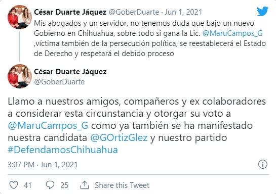 Tuits en cuenta de César Duarte