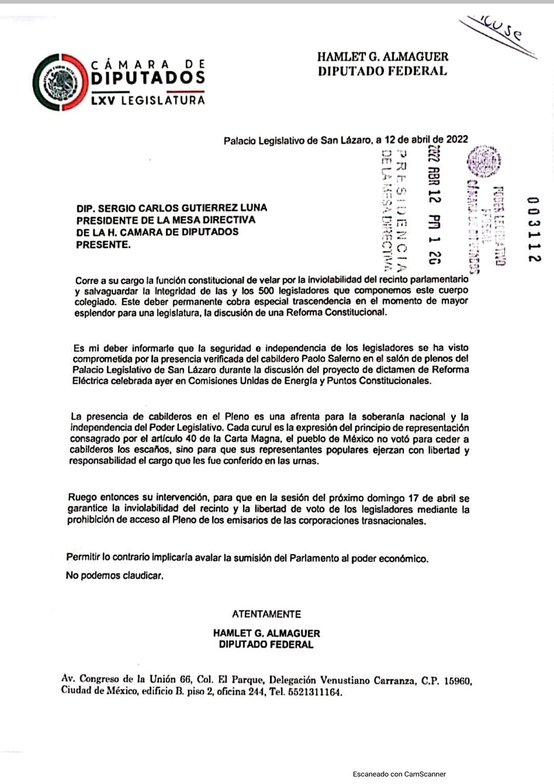 Petición del diputado Hamlet Almaguer