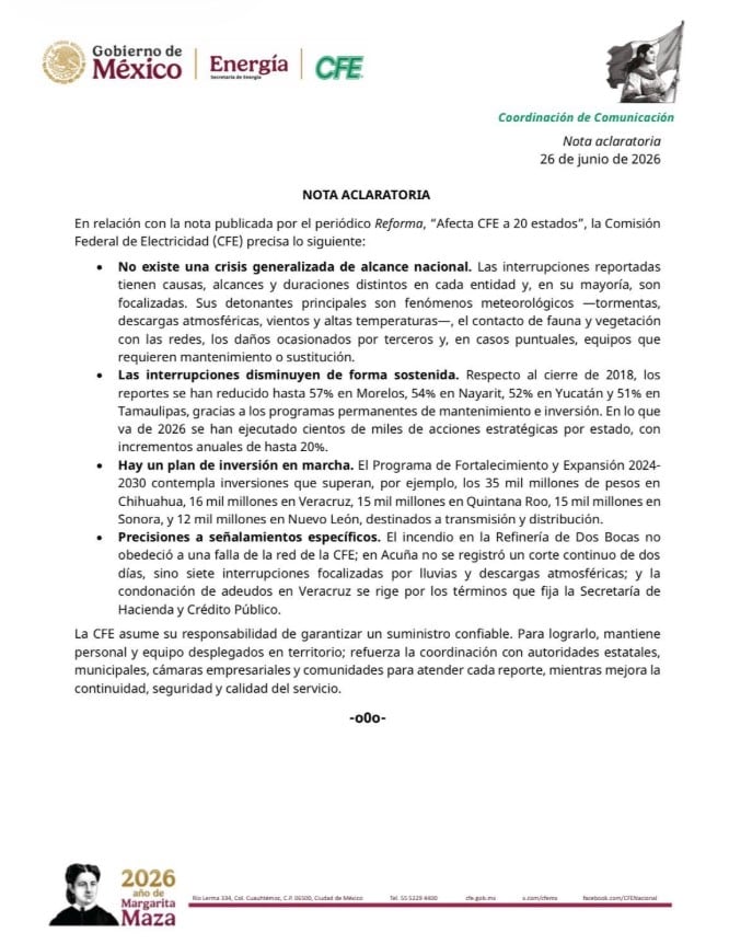 Nota aclaratoria CFE