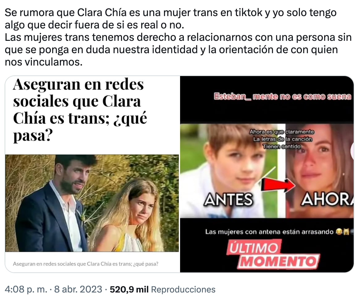 Usuarios defienden a Clara Chía de la transfobia en redes