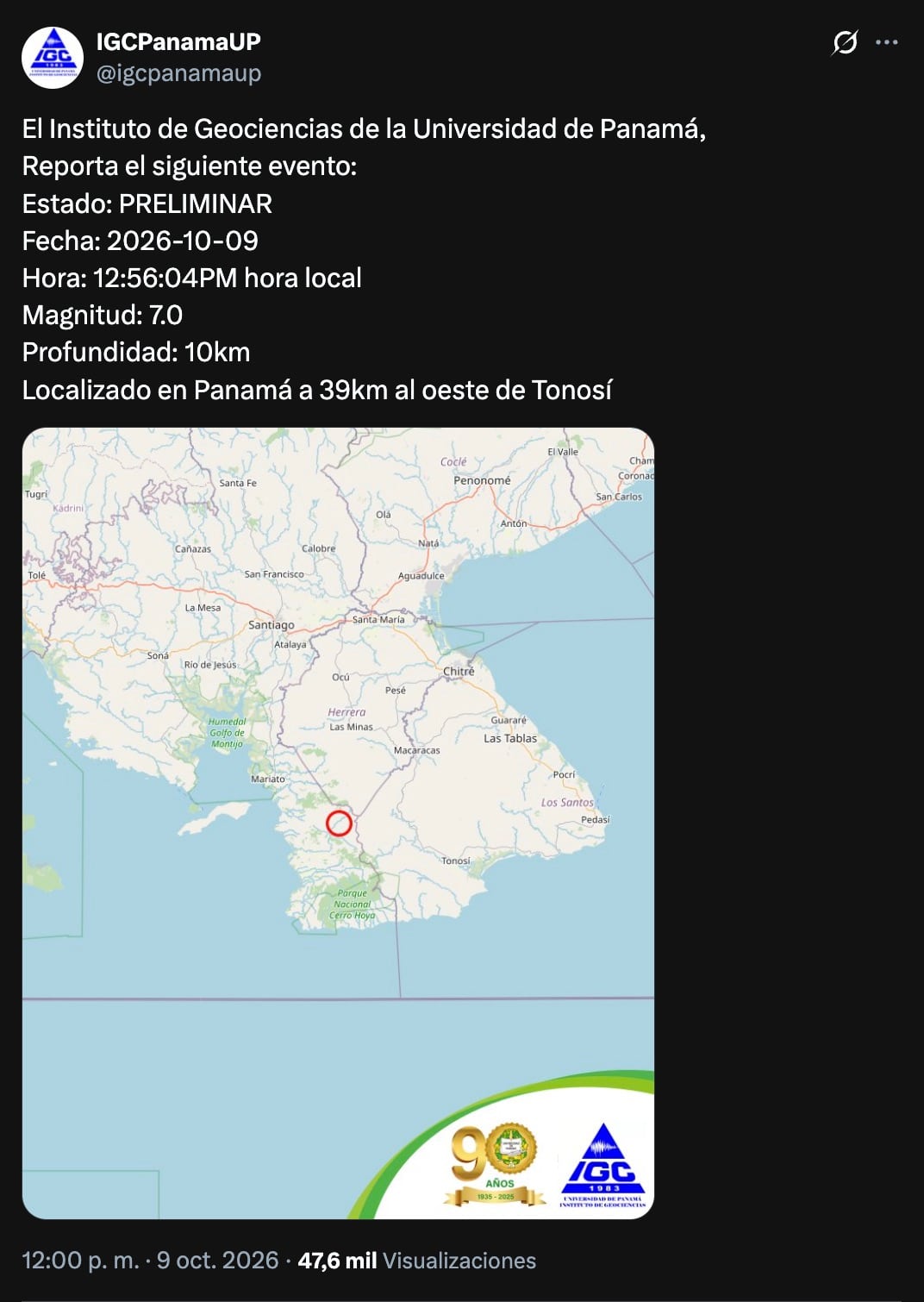 Sismo en Panamá magnitud 7.6