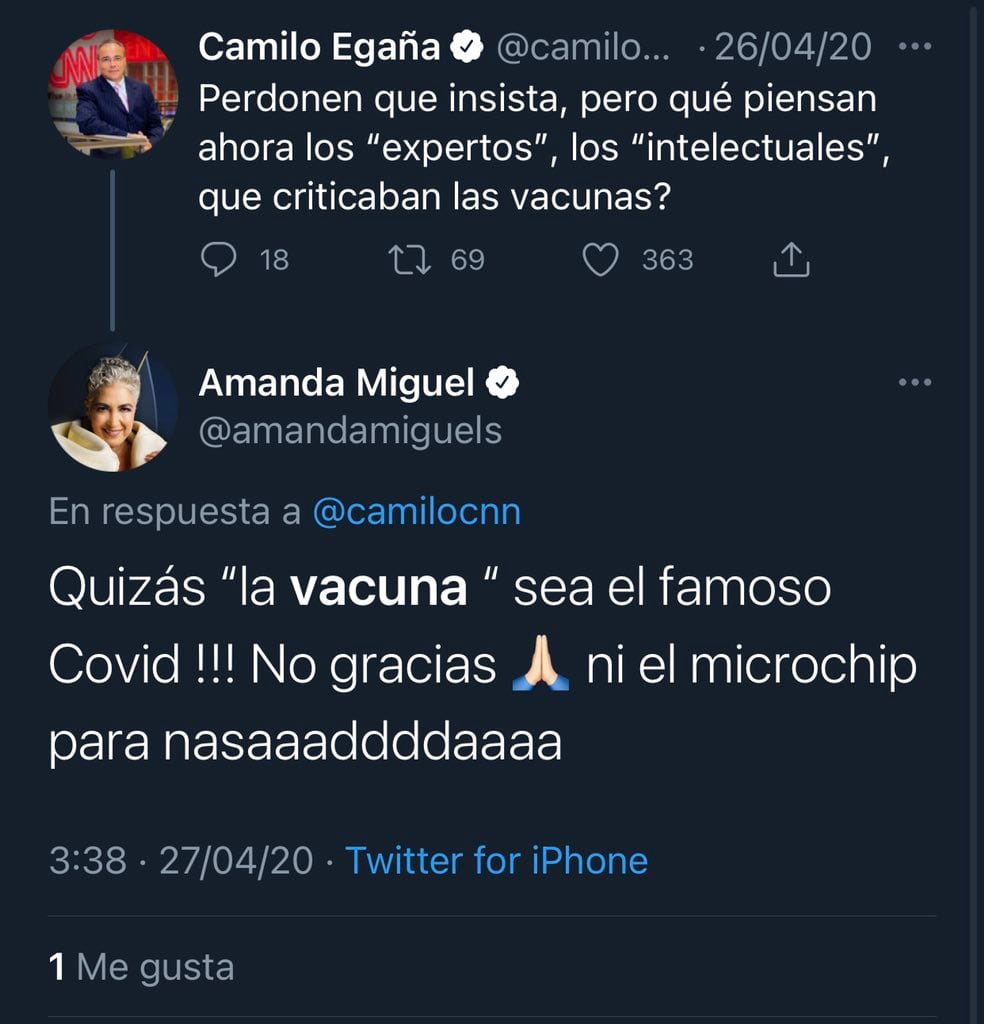 Publicaciones antivacunas de Amanda Miguel