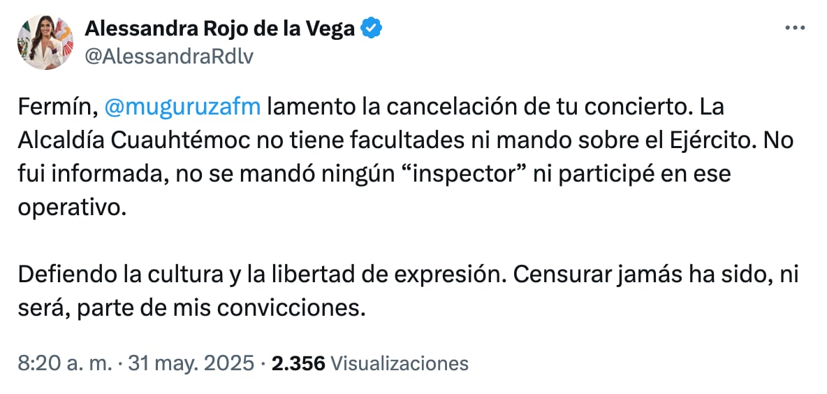 Alessandra Rojo de la Vega se pronuncia sobre cancelación de concierto de Fermín Muguruza