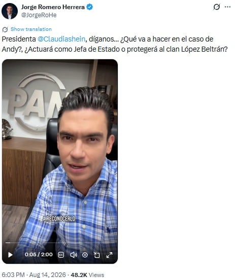 PAN exige a Sheinbaum decidir entre gobernar México o proteger a López Beltrán