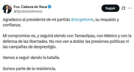 Francisco García Cabeza de Vaca agradece al PAN su apoyo si es que va por Tamaulipas.