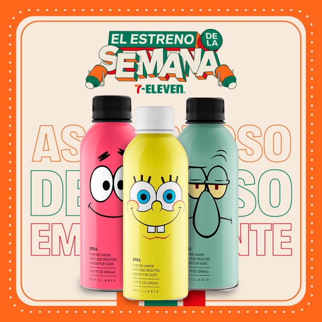 Precio de la viral botella de Bob Esponja con 3 personajes que encuentras en 7 Eleven