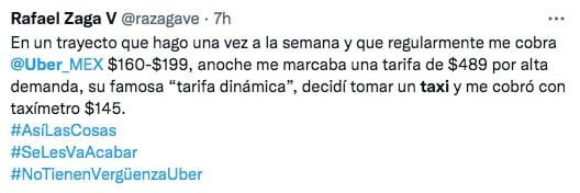 Tuit sobre tarifas de Uber y DiDi