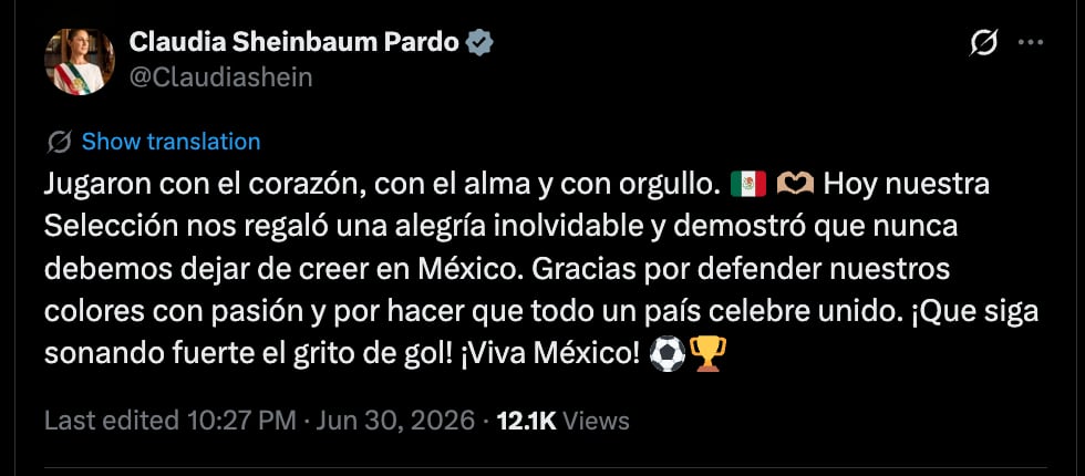 El mensaje de Claudia Sheinbaum tras la clasificación de México a octavos
