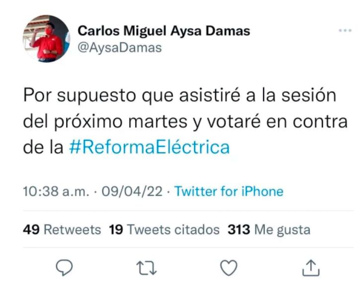 Carlos Miguel Aysa Damas en contra de la reforma eléctrica/Twitter