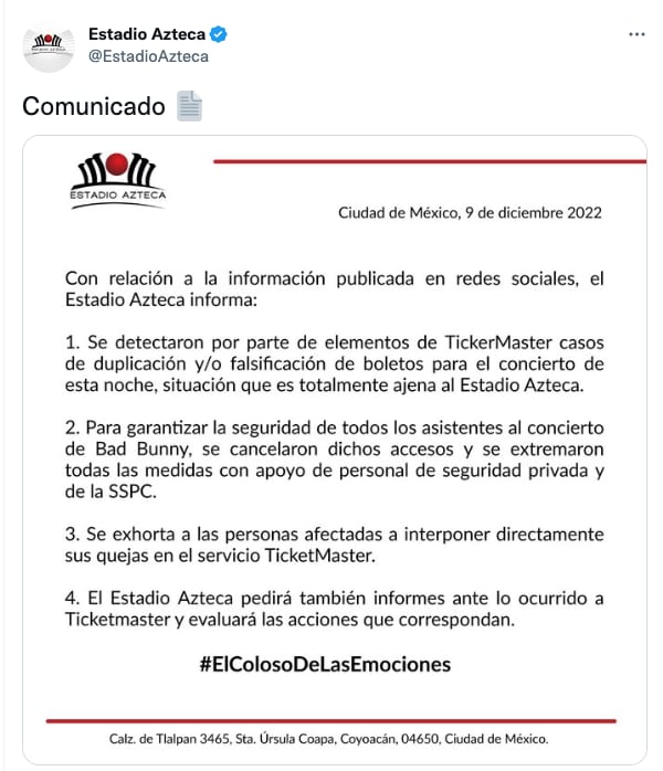 Estadio Azteca se la lava las manos por caos en concierto de Bad Bunny