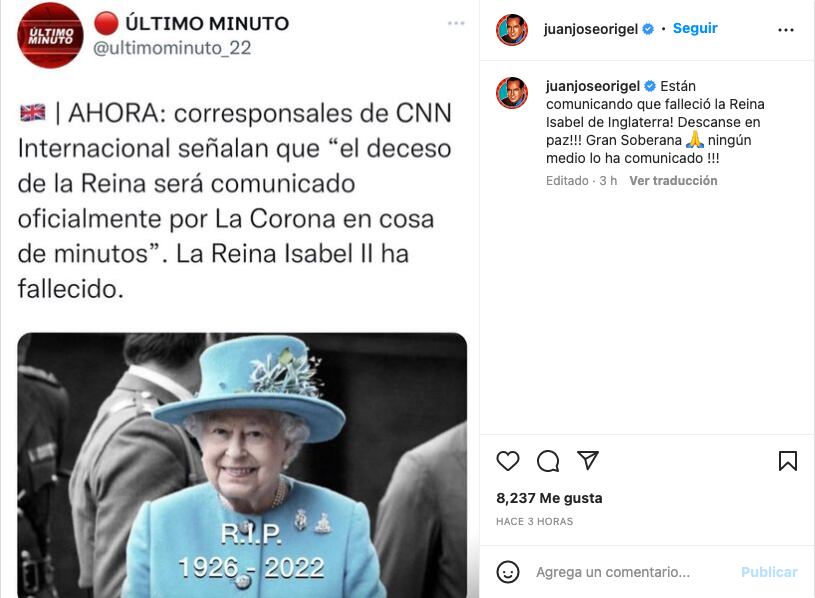 Mensaje de Pepillo Origel sobre reina Isabel II