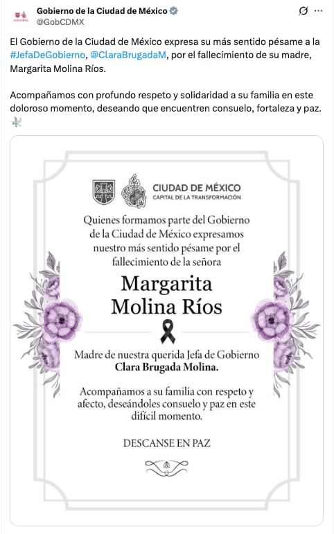 Gobierno CDMX lamenta la muerte de la mamá de Clara Brugada