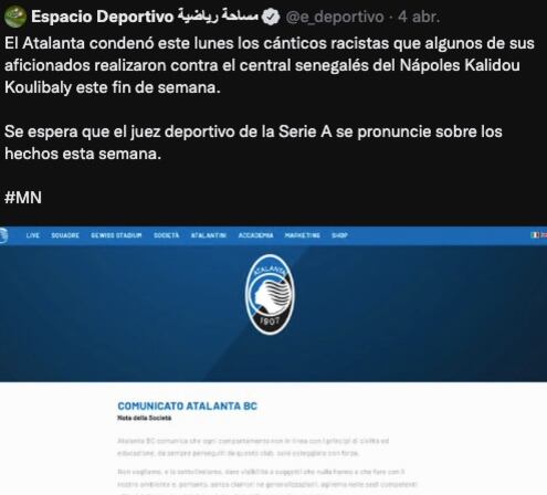 El Atalanta condenó los cánticos racistas contra jugadores del Napoli.