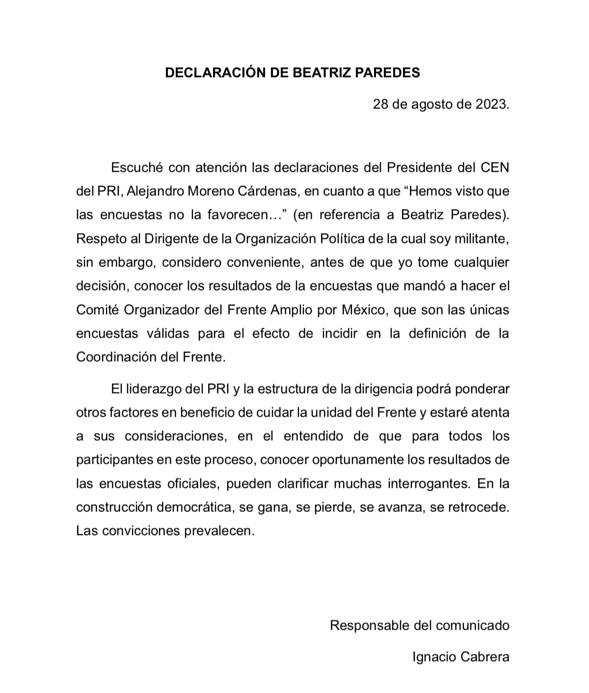 Beatriz Paredes responde a Alejandro Moreno