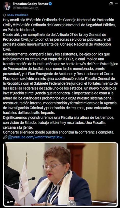 Ernestina Godoy se integra al Consejo de Protección Civil con promesa de transformar la FGR