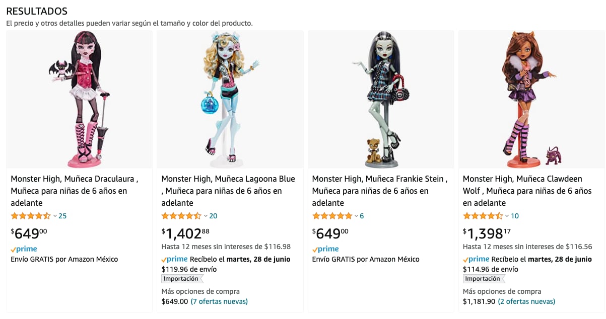 Precio en Amazon de muñecas Monster High