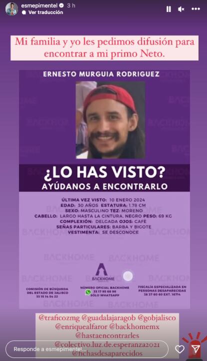 Primo de Esmeralda Pimentel está desaparecido