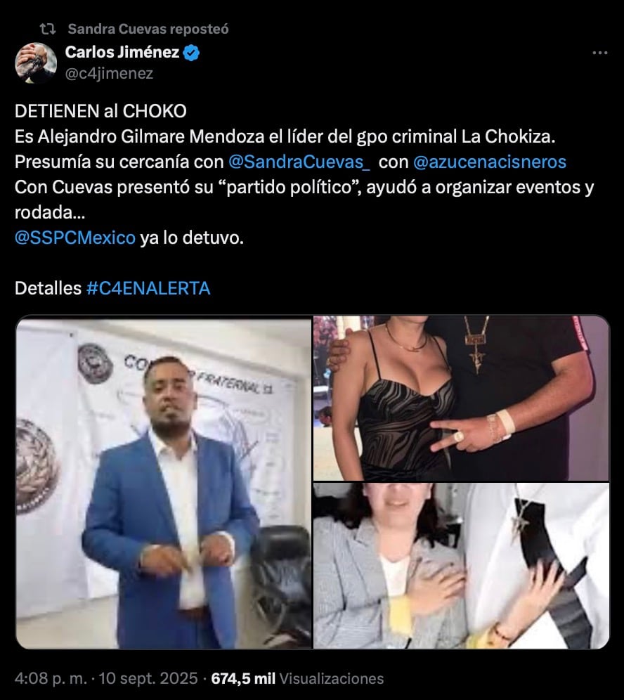 Sandra Cuevas comparte publicación de C4 Jiménez por detención de El Choko
