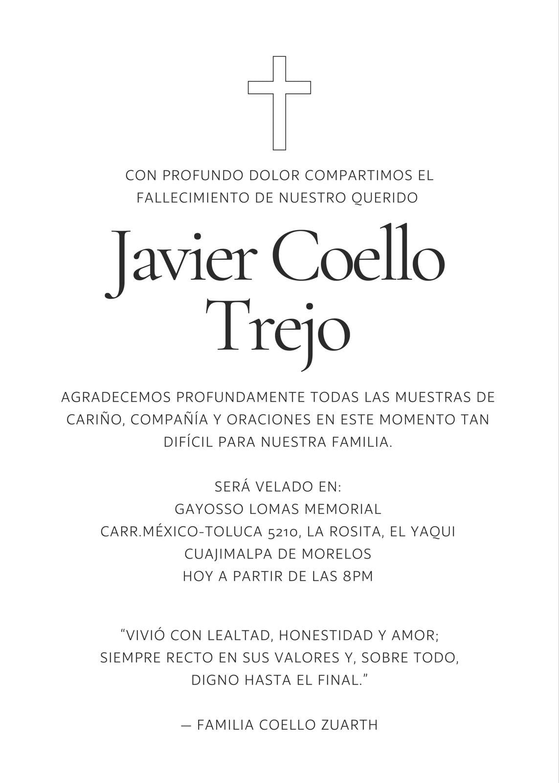 Familiares y amigos velarán a Javier Coello Trejo