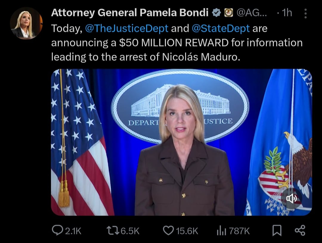 Pam Bondi sobre recompensa por Nicolás Maduro