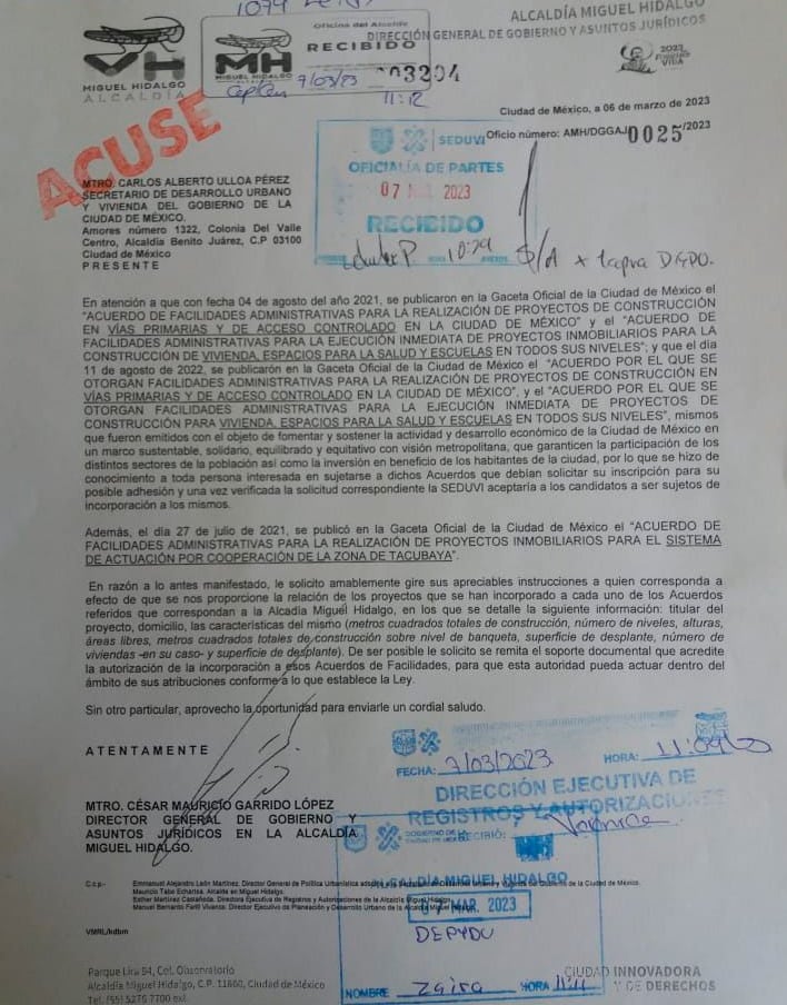 solicitud de  Acuerdos de Facilidades de Miguel Hidalgo