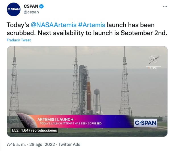 Cancelan lanzamiento Artemis 1