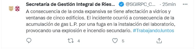 Tuit de la SGIRPC sobre explosión en la FES Zaragoza