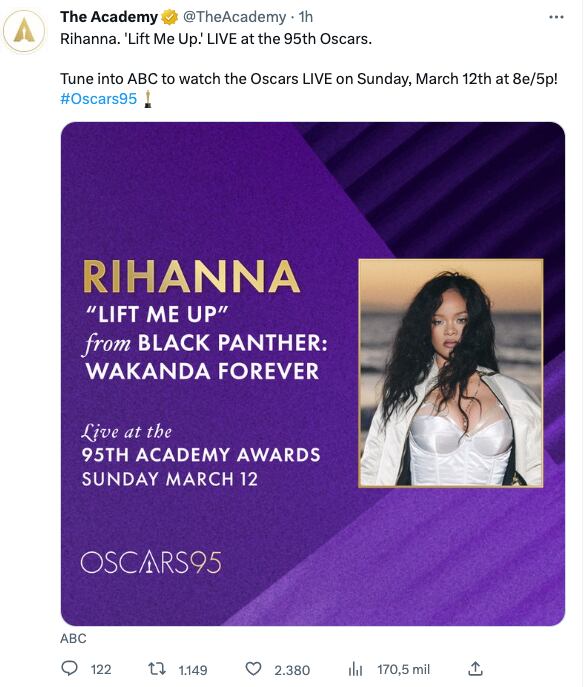 Rihanna se presentará en los Premios Oscar 2023 y cantará 'Lift Me Up'