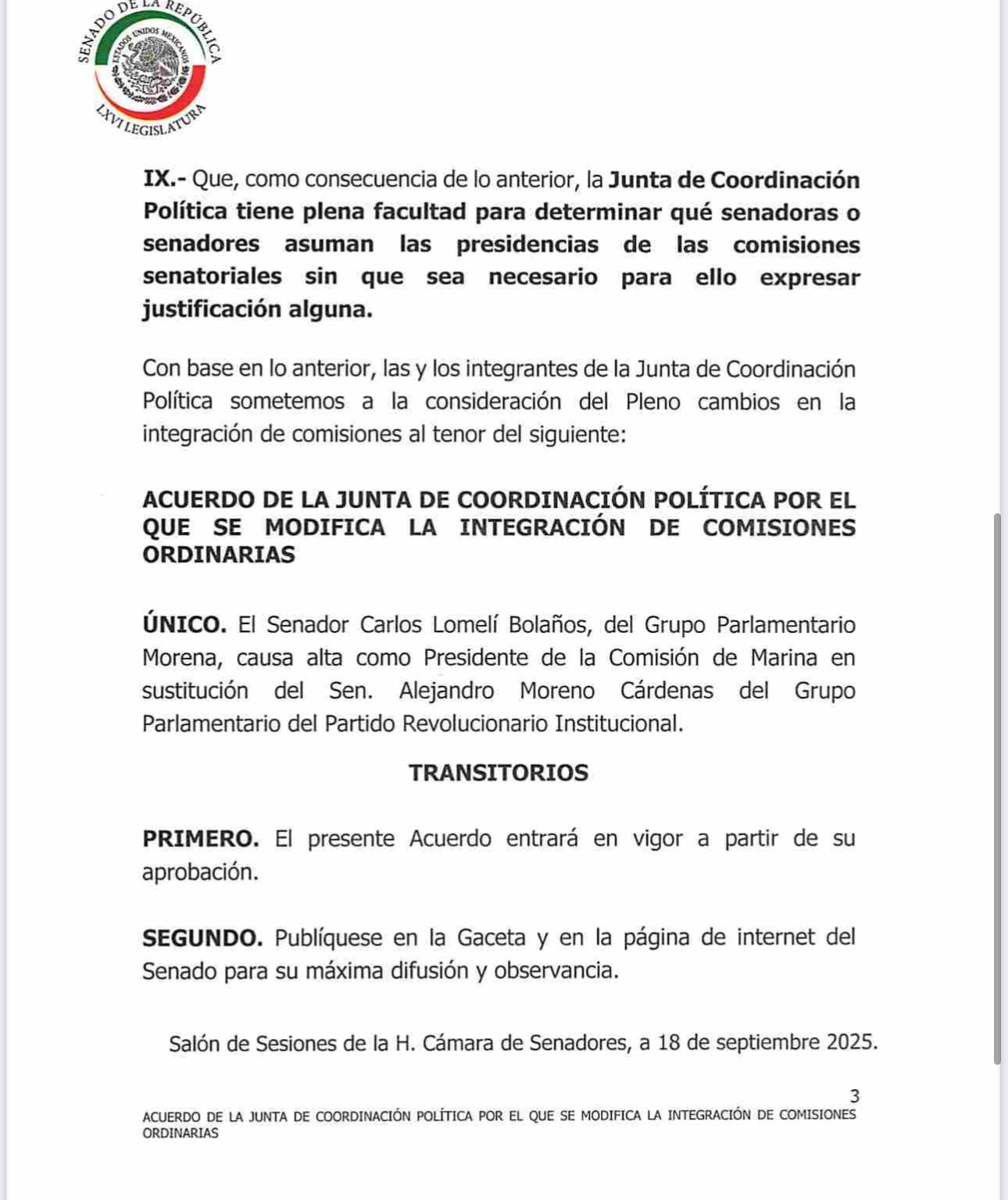 Acuerdo para la remoción de Alejandro Moreno como presidente de la Comisión de Marina