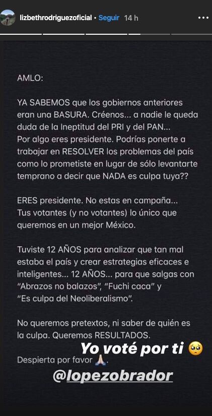 Lizbeth Rodríguez carta a AMLO