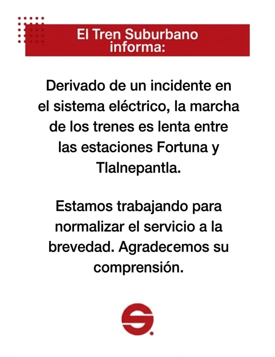 Anuncian retrasos en el Tren Suburbano por una falla eléctrica este 21 de mayo