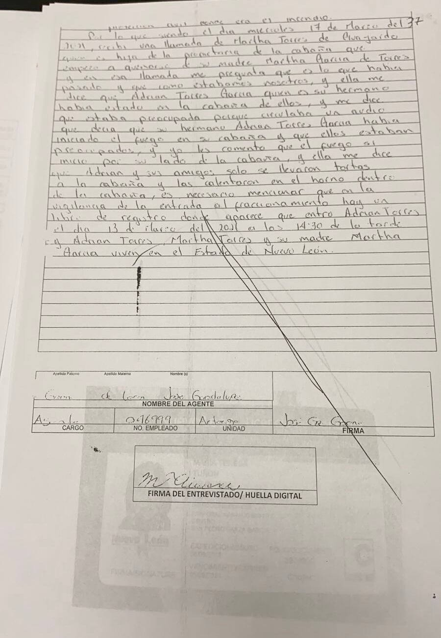 Declaración de Tere T. de Rivera donde da cuenta de haber visto a 4 sospechosos bajando del lugar donde se inició el incendio