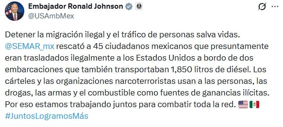 Ronald Johnson celebra rescate de la Marina de 45 migrantes