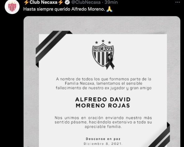Necaxa lamentó la muerte de Alfredo Moreno