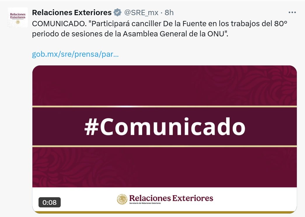 SRE informa representación de México en Asamblea General de la ONU