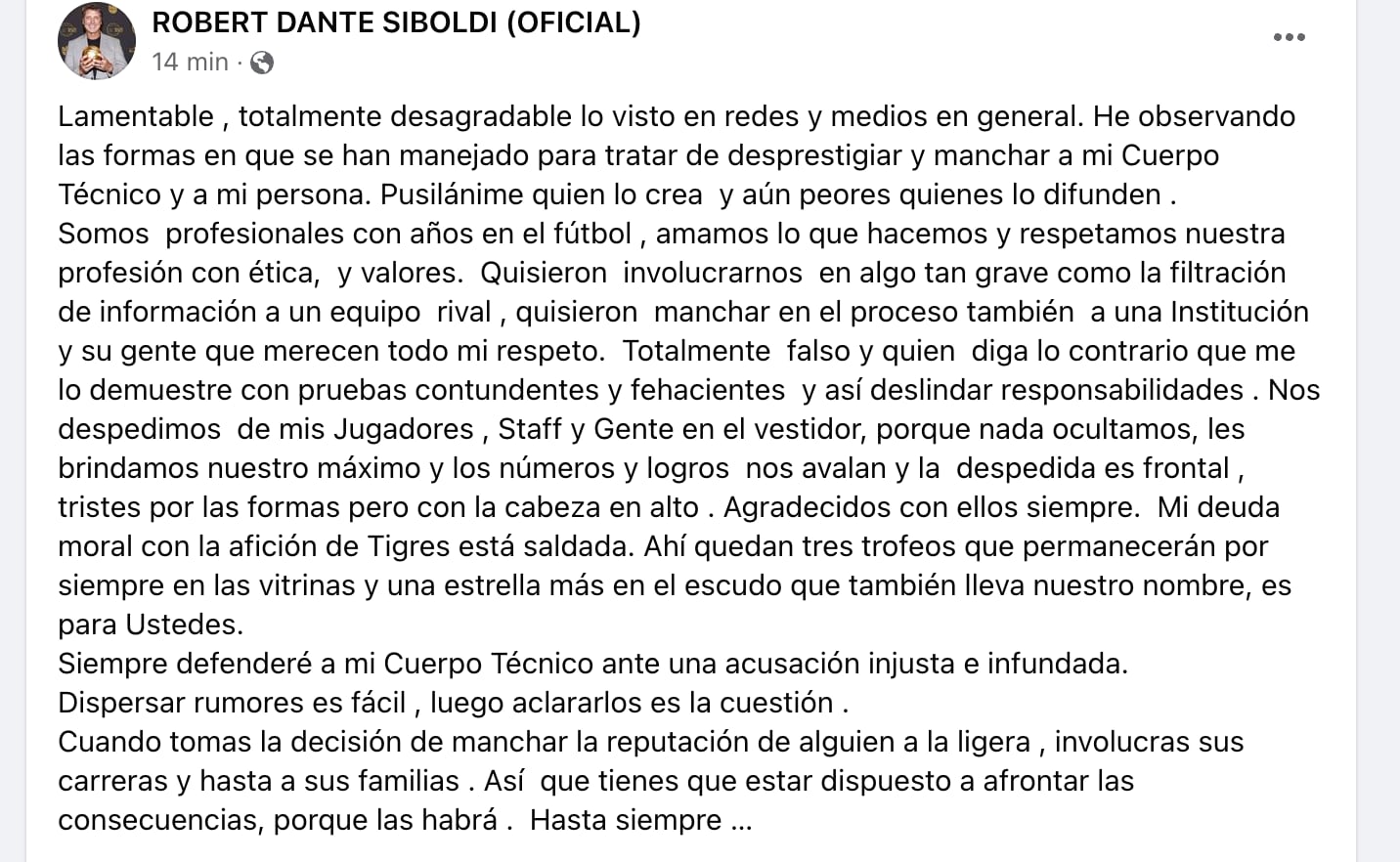 Mensaje de Robert Dante Siboldi.