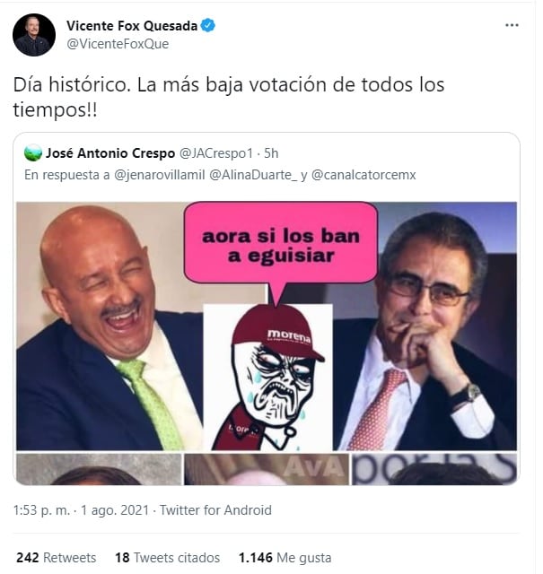 Vicente Fox se burla de consulta popular en Twitter